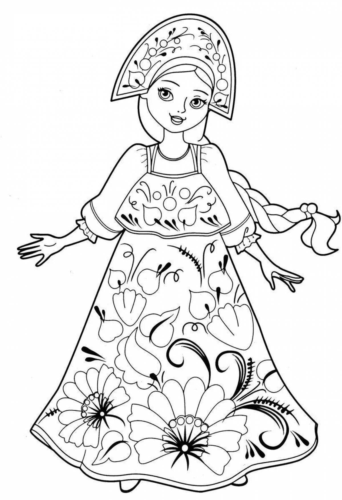 Glorious coloring girl in Russian folk costume