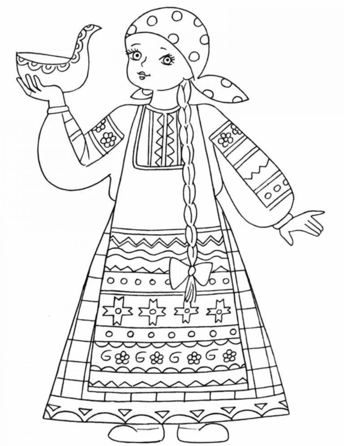 Страница раскраски с медведем и русской женщиной в традиционном народном костюме