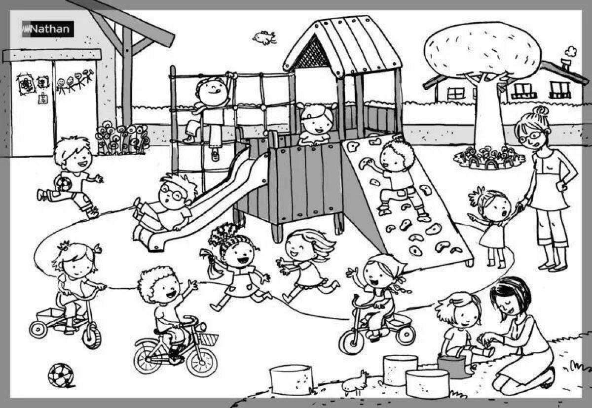 Colorful coloring book children play in kindergarten