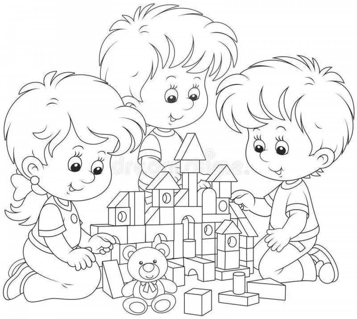 Coloring book children play in kindergarten