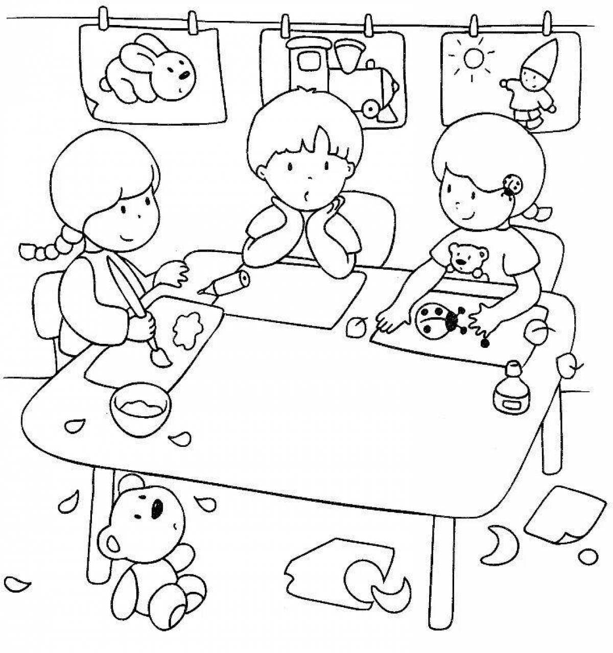 Crazy coloring book children play in kindergarten