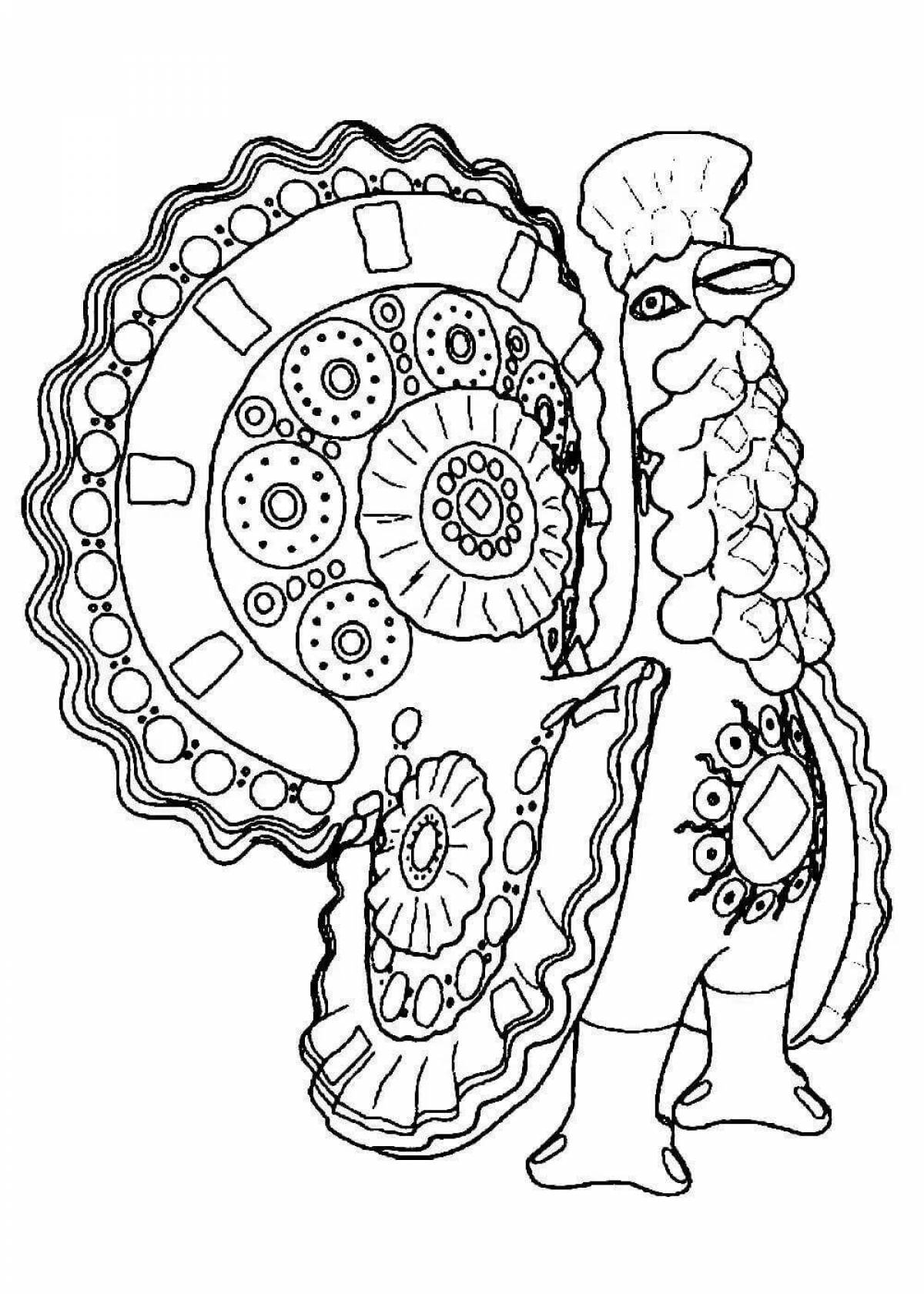 Coloring page shimmering Dymkovo toy turkey