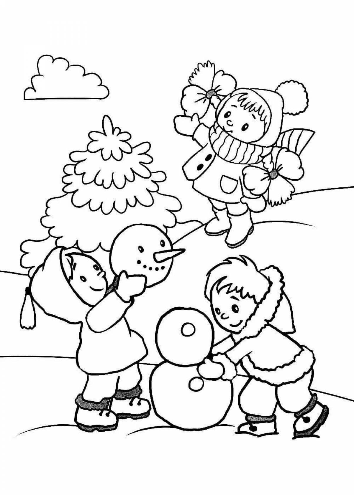 Excited winter fun coloring page