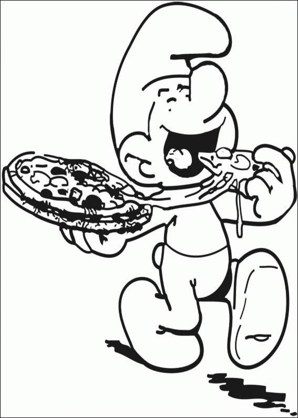 Smurf eats pizza