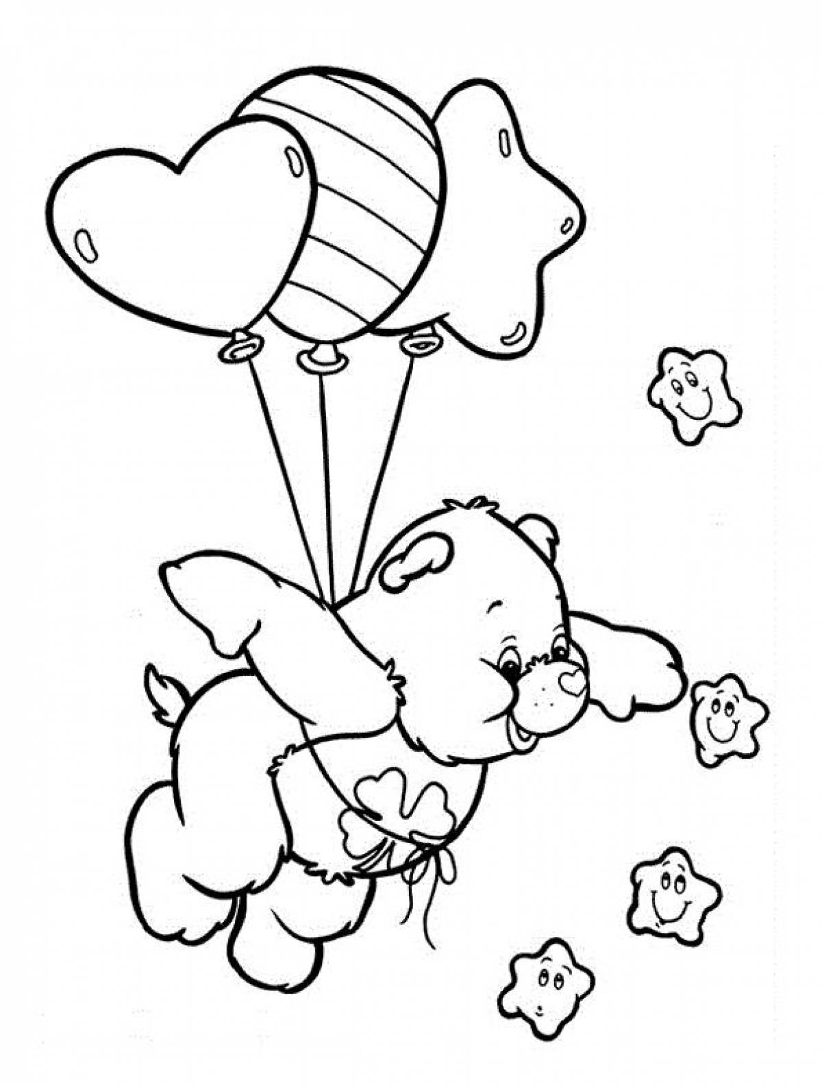 The bear is flying on a balloon