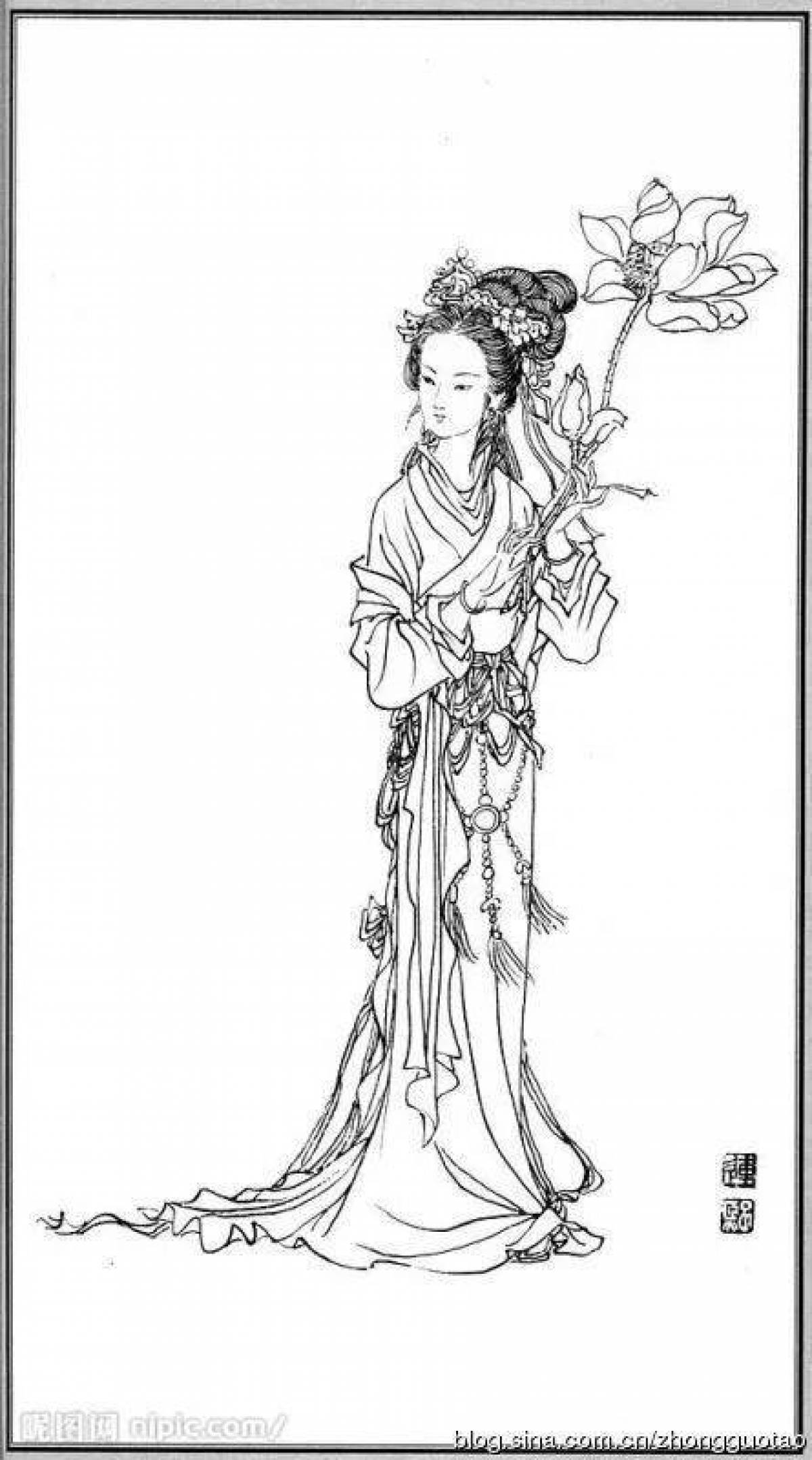 Joyful Chinese girls coloring pages