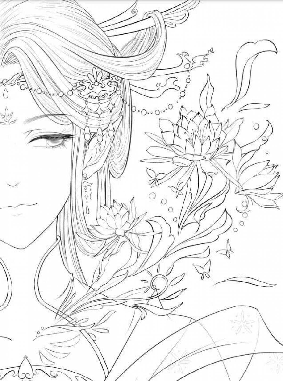 Coloring pages cute chinese women