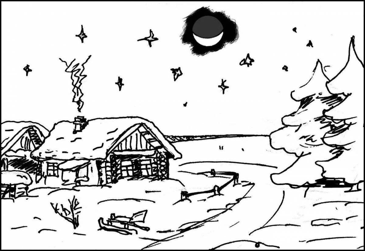 Coloring page inviting winter night