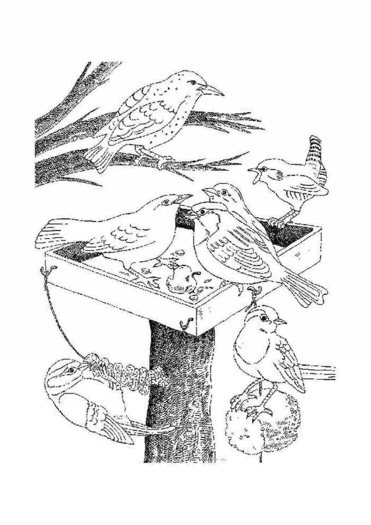 Coloring page cheerful sparrow in winter