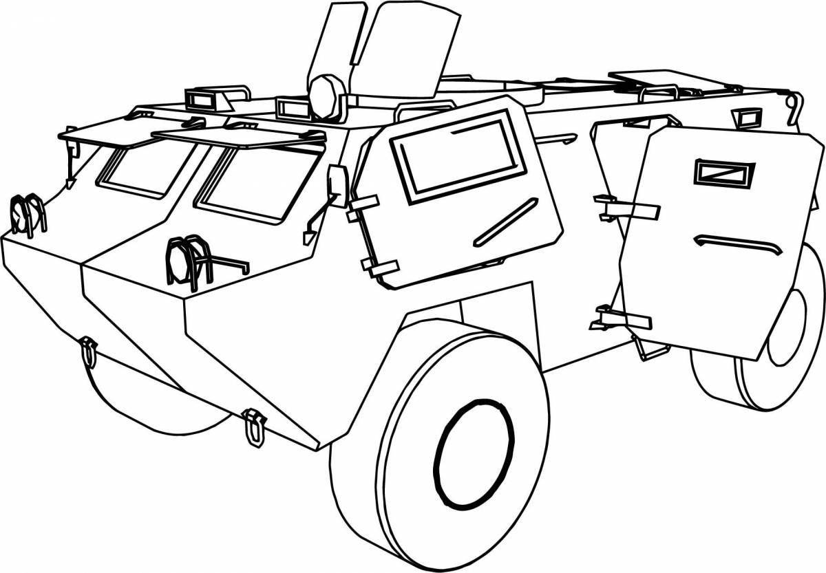 Colorfully illustrated armored vehicle coloring page