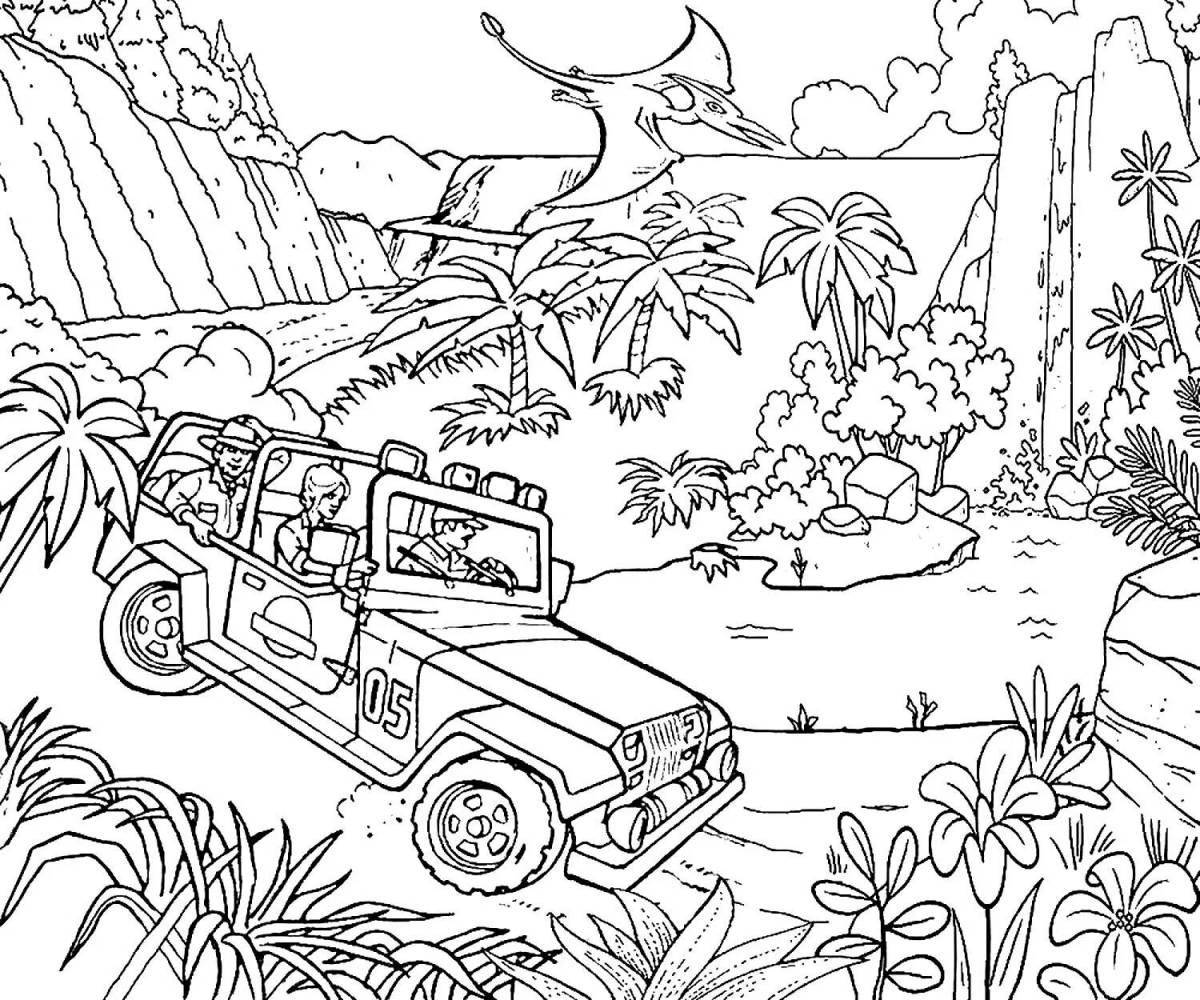 Coloring page joyful dinosaur car