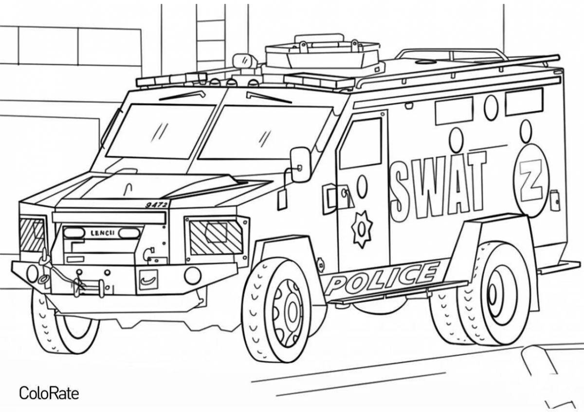 Colorfully designed police truck coloring page