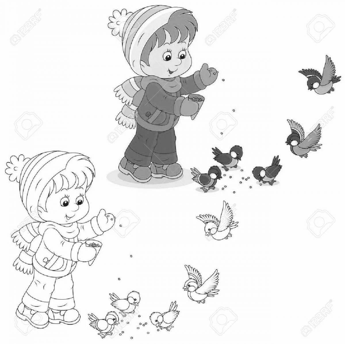 Coloring page happy boy feeding pigeons