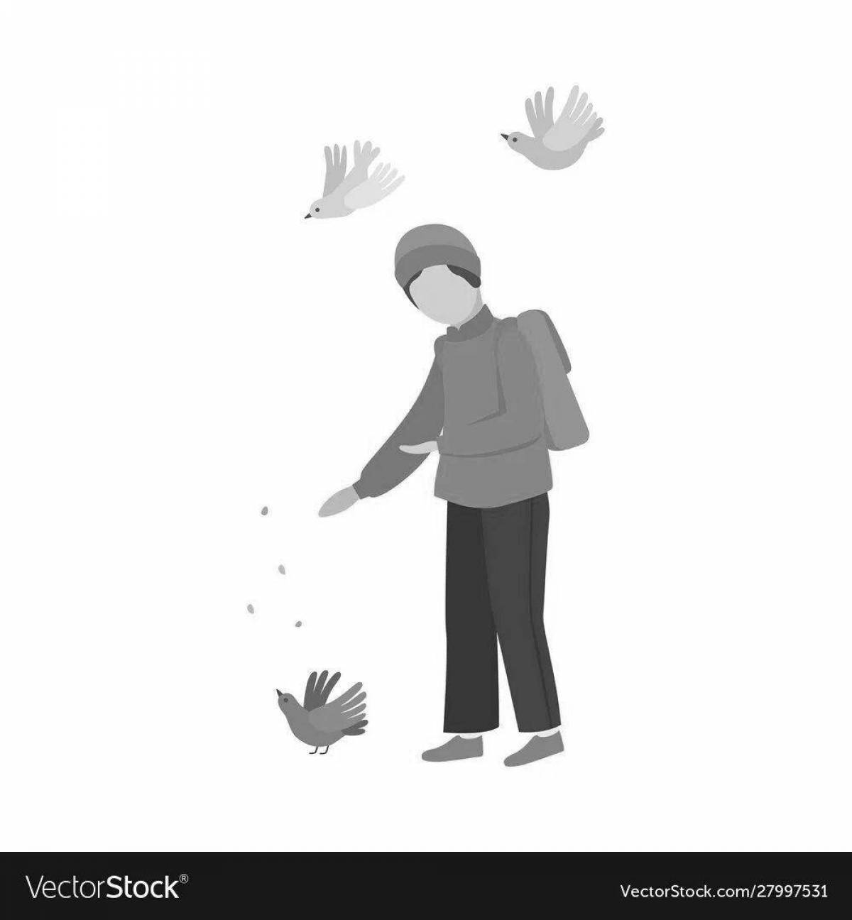 Adorable boy feeding pigeons coloring pages