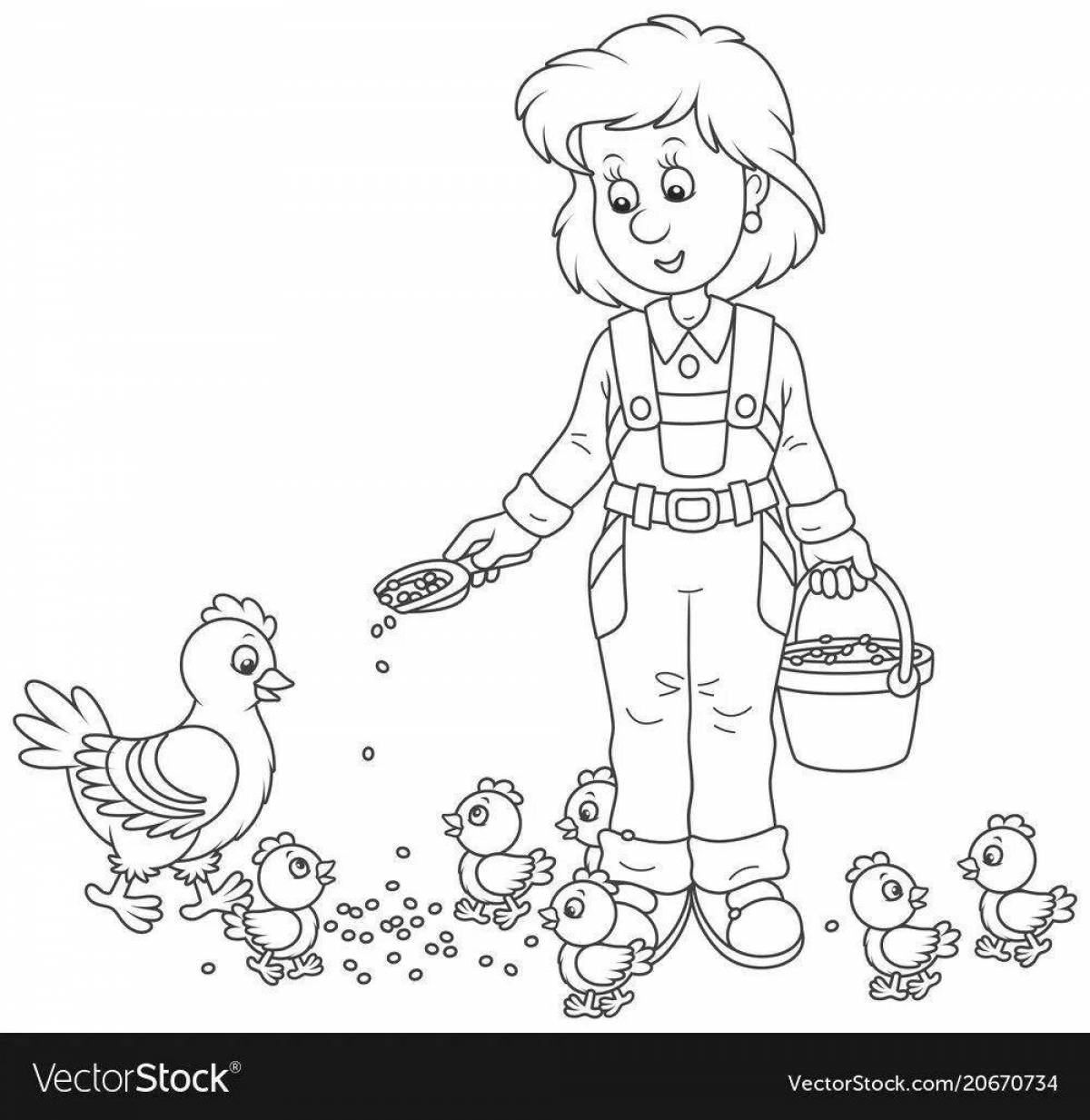 Coloring page playful boy feeding pigeons