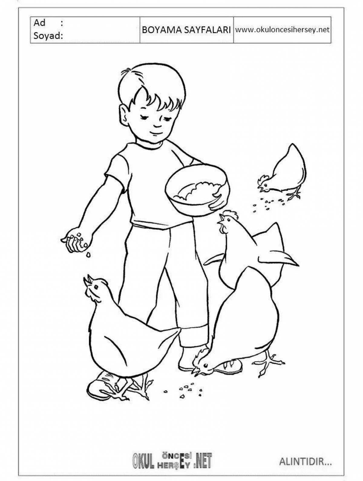 Coloring page excited boy feeding pigeons