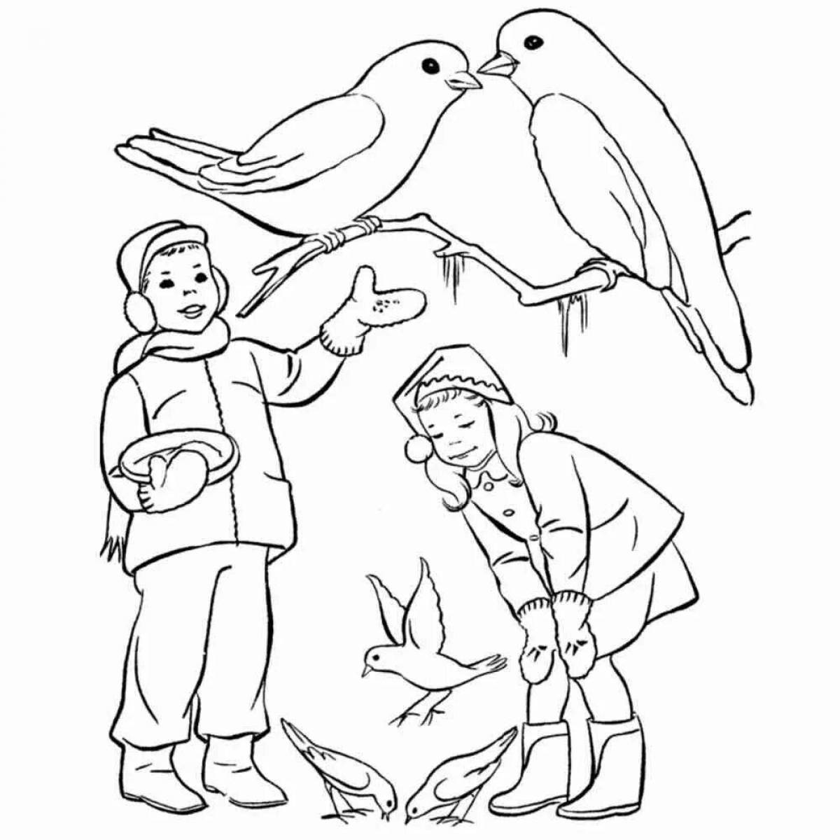 Coloring page of an attractive boy feeding pigeons
