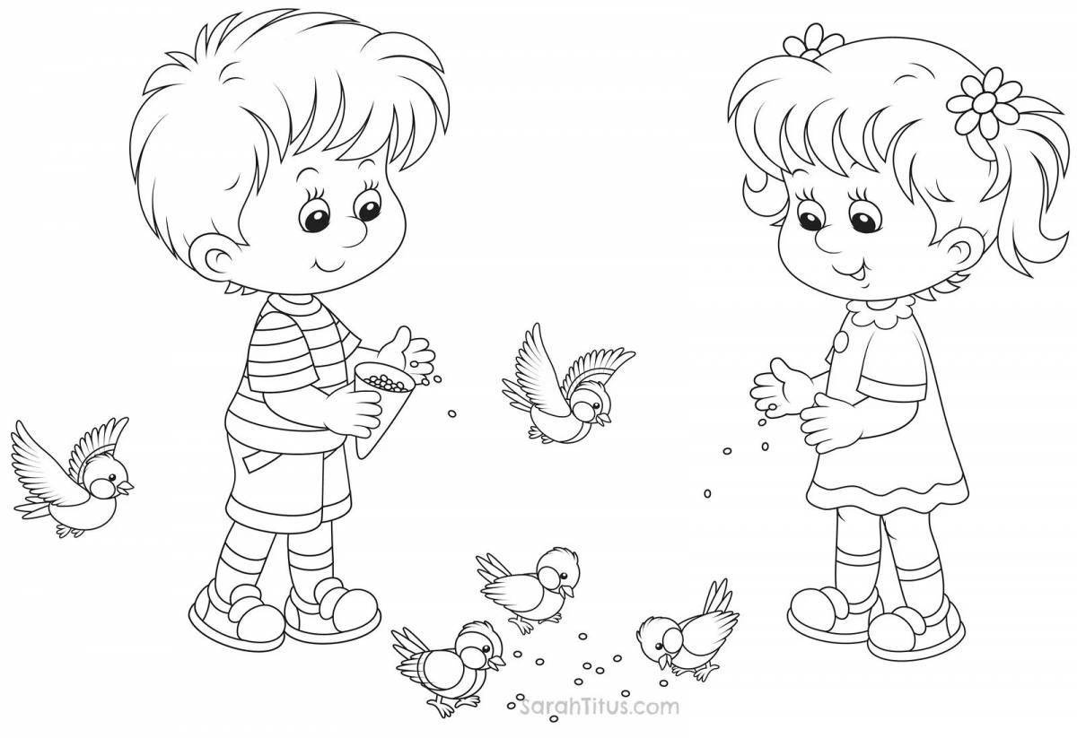 Coloring page funny boy feeding pigeons