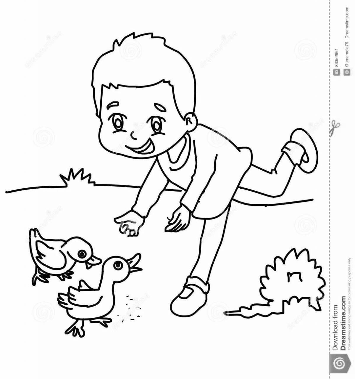 Coloring page adorable boy feeding pigeons