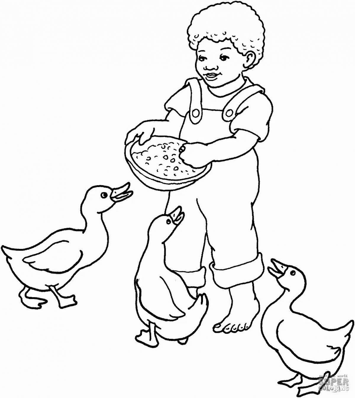 Coloring page wild boy feeding pigeons