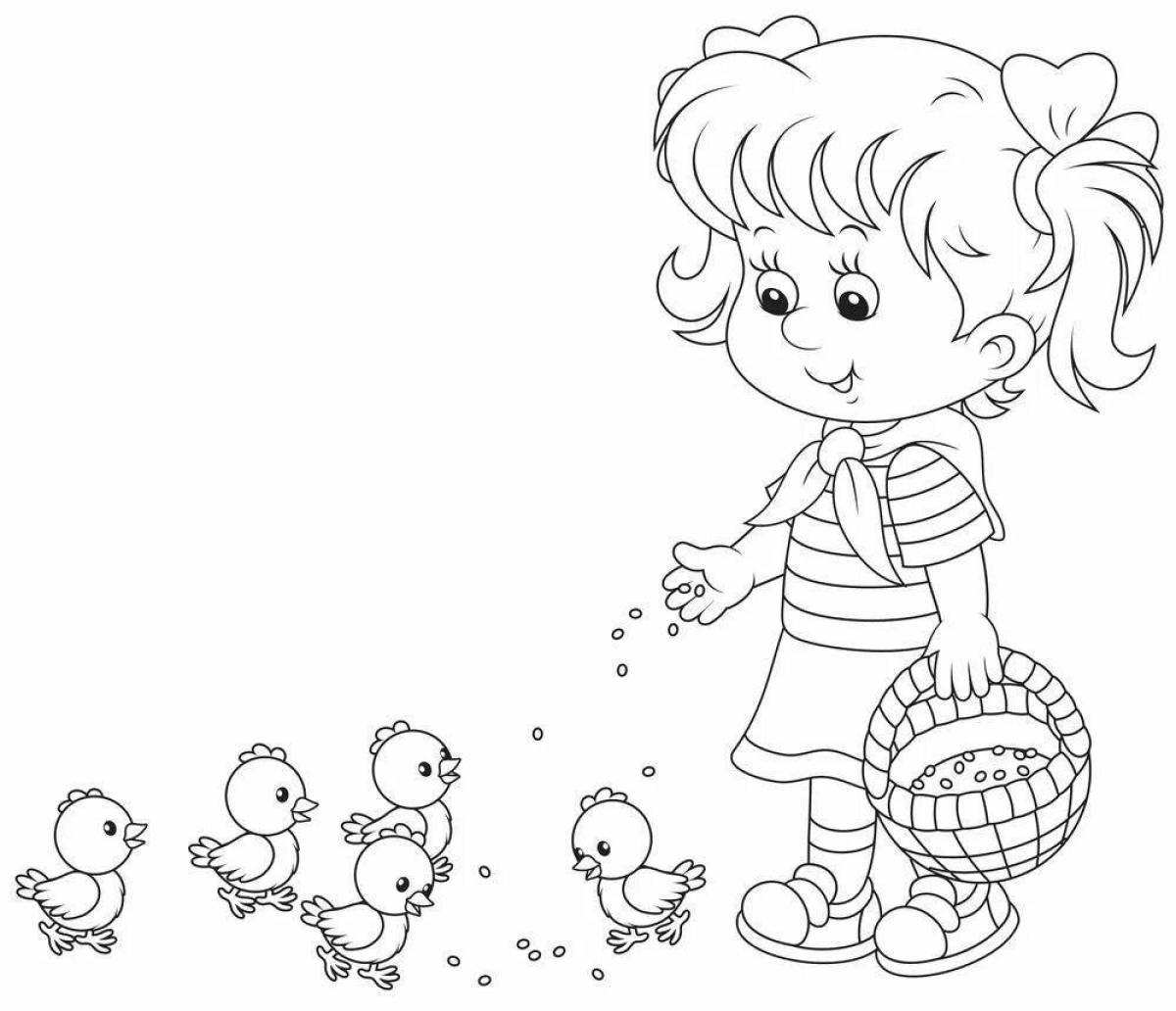Coloring page glowing boy feeding pigeons