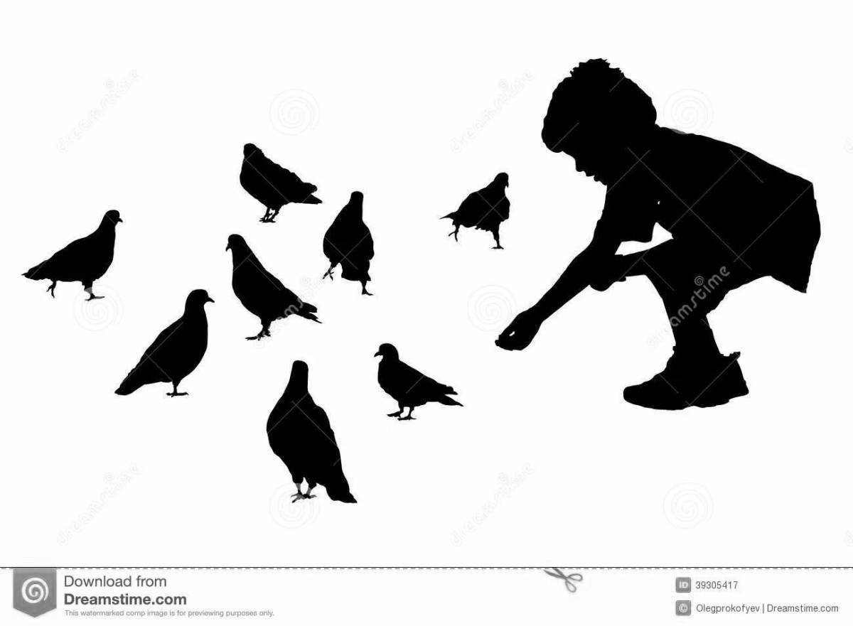 Раскраска лучезарный мальчик кормит голубей