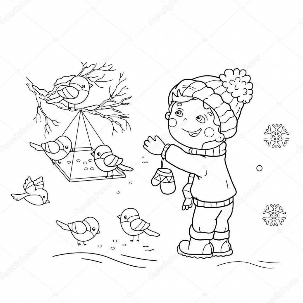Coloring page jubilant boy feeding pigeons