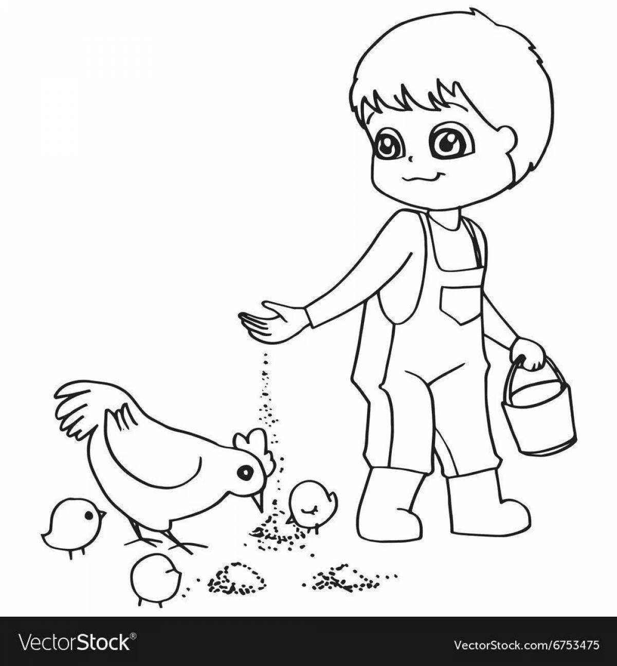 Coloring page enthusiastic boy feeding pigeons