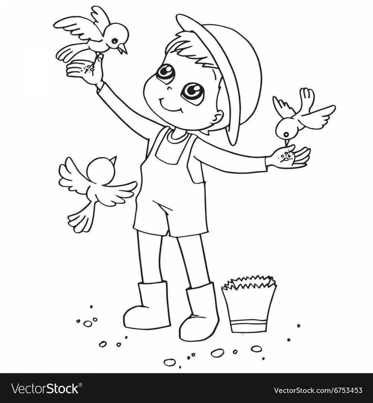 Coloring page shining boy feeding pigeons