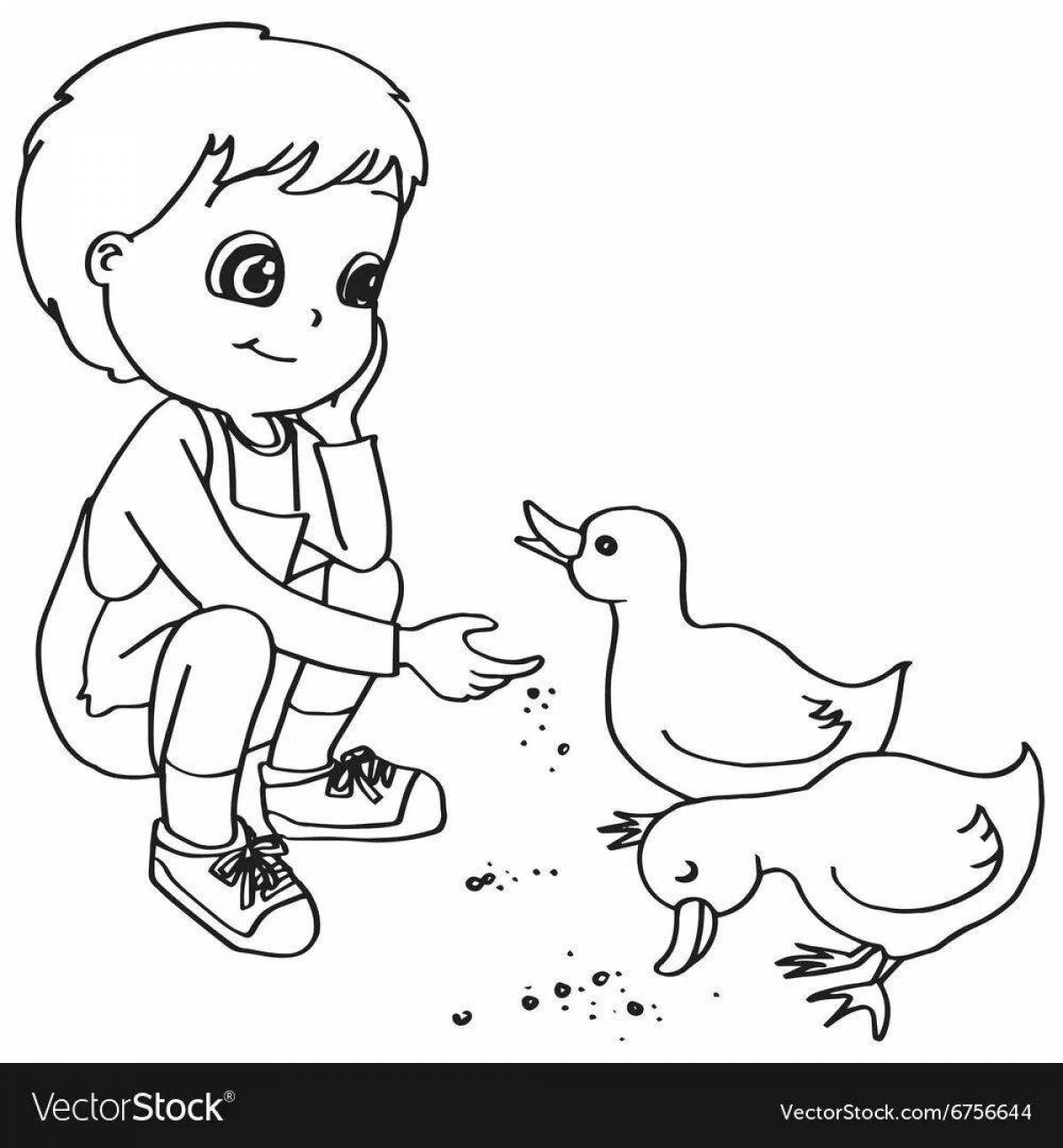 Coloring page stimulated boy feeding pigeons