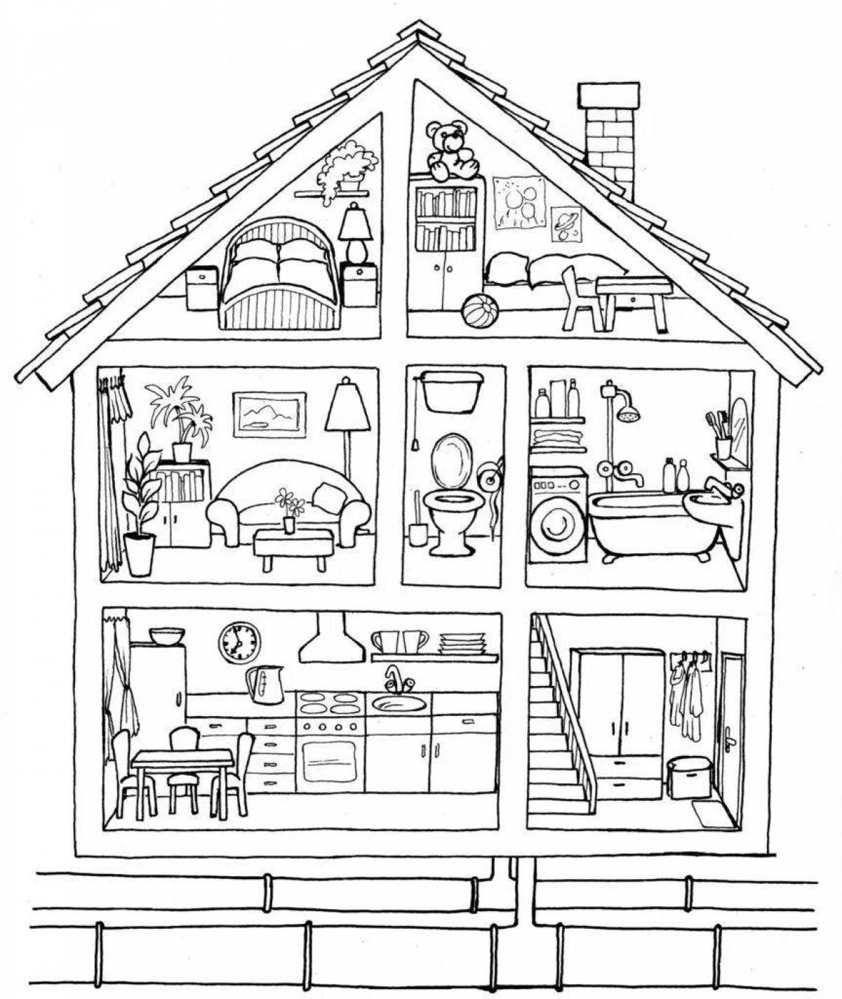 Detailed coloring page of a cutaway house