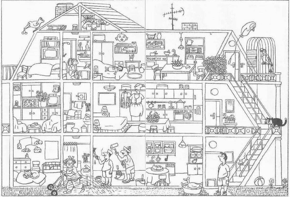 Intricate cutaway house coloring page