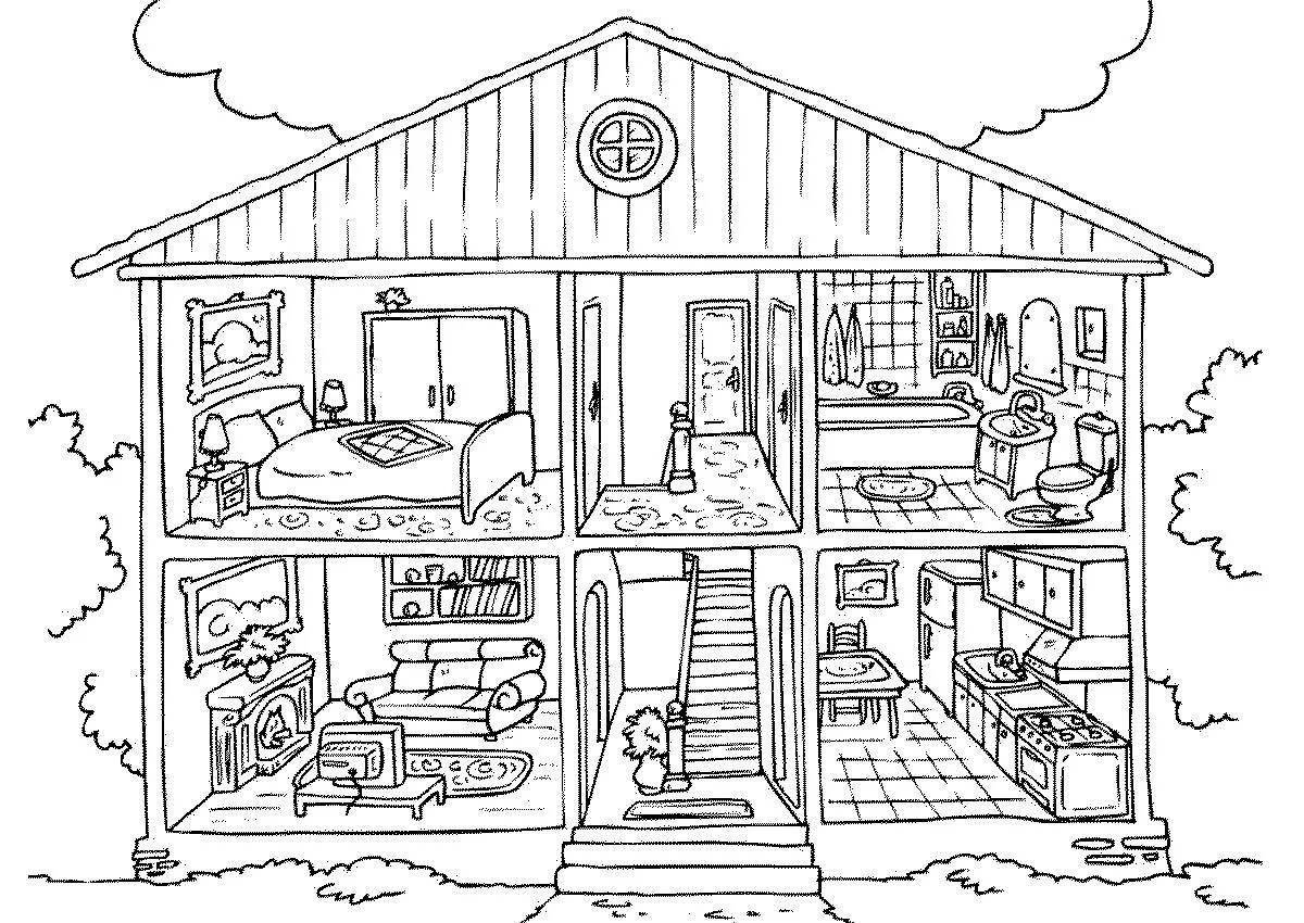Attractive cutaway house coloring page