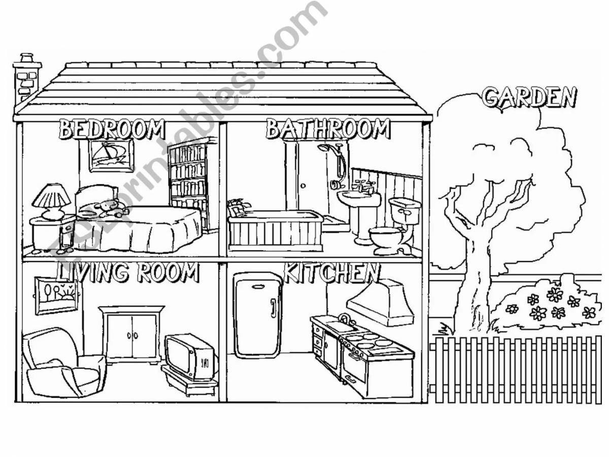 Dramatic cutaway house coloring page