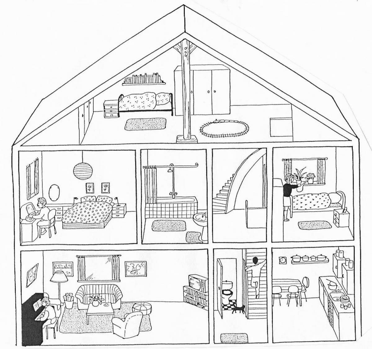 Coloring page inspiring cutaway house