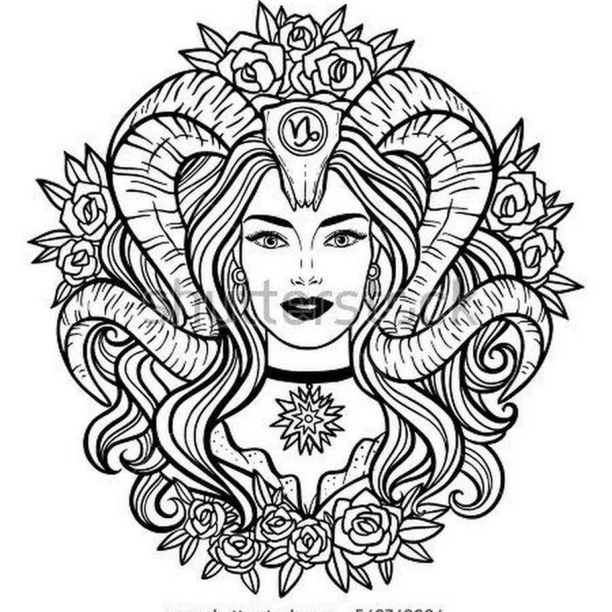 Coloring page of the living zodiac sign Capricorn