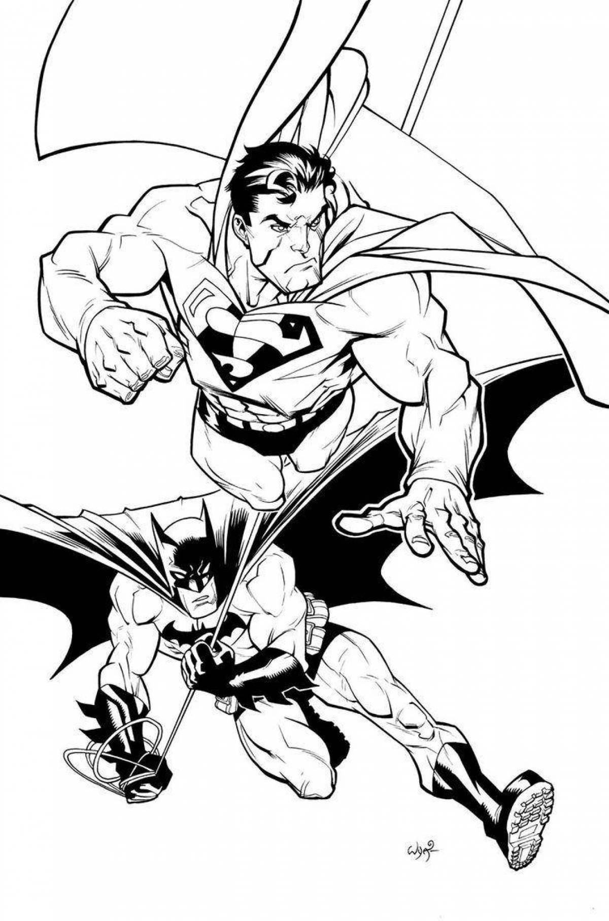 Brightly colored superman and batman coloring page
