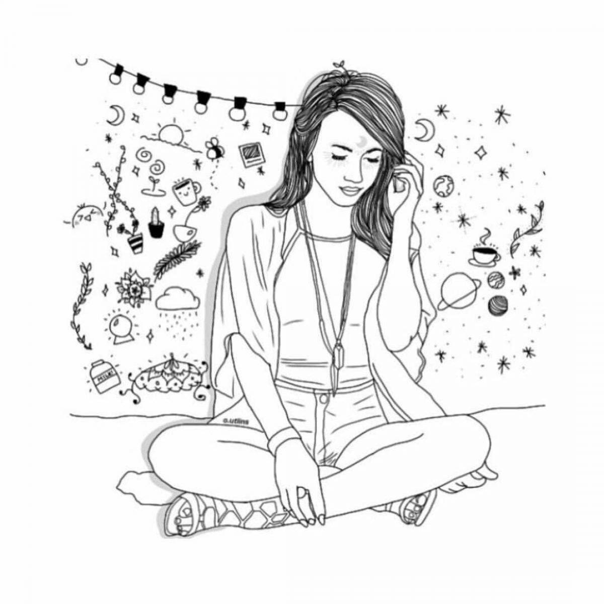 Exuberant coloring page soft girl style