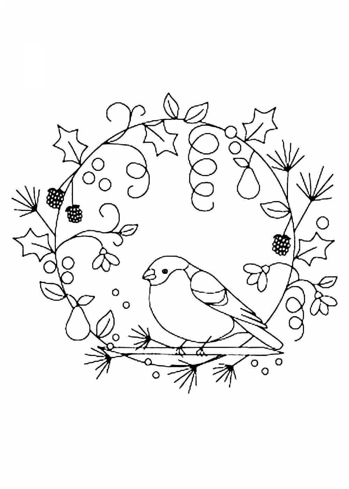 Drawing of a magical bullfinch on a branch