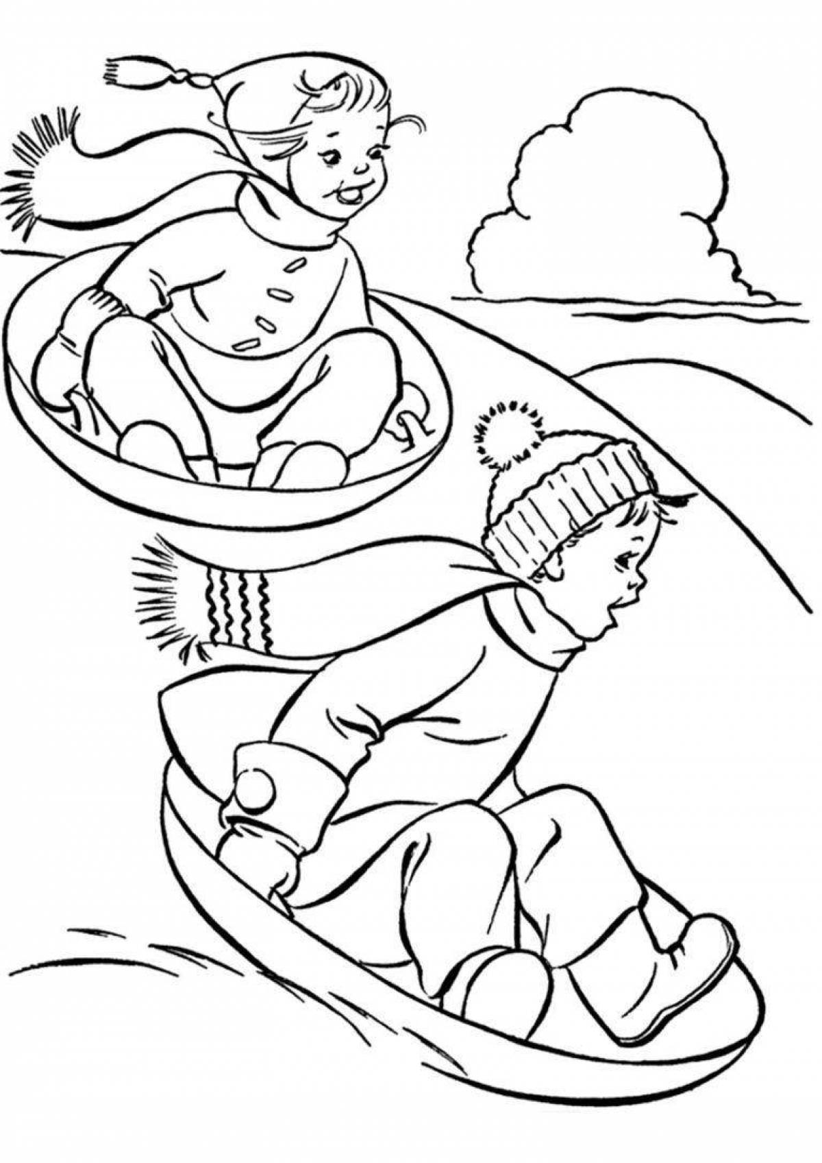 Great coloring book children on the hill in winter