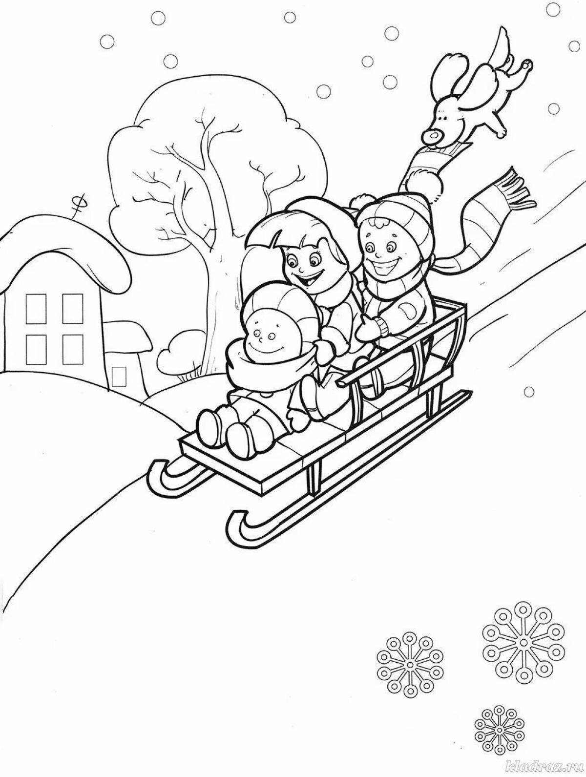 Exquisite coloring book children on the hill in winter
