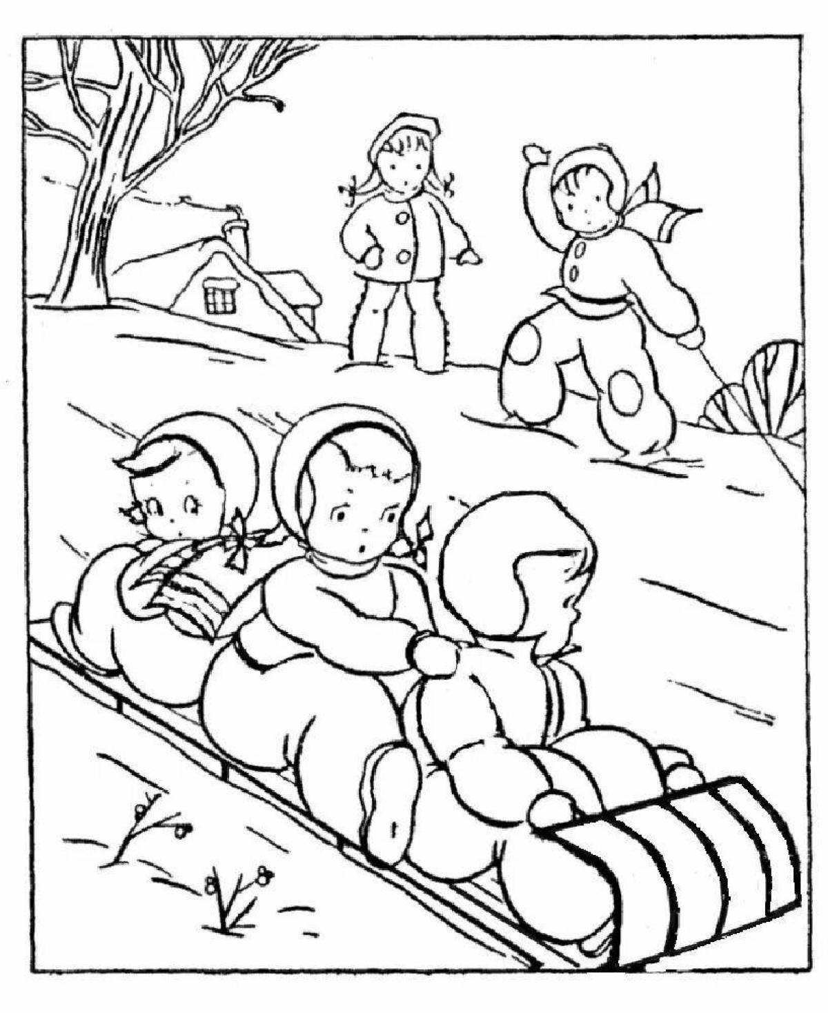 Serendipitous coloring book children on a hill in winter