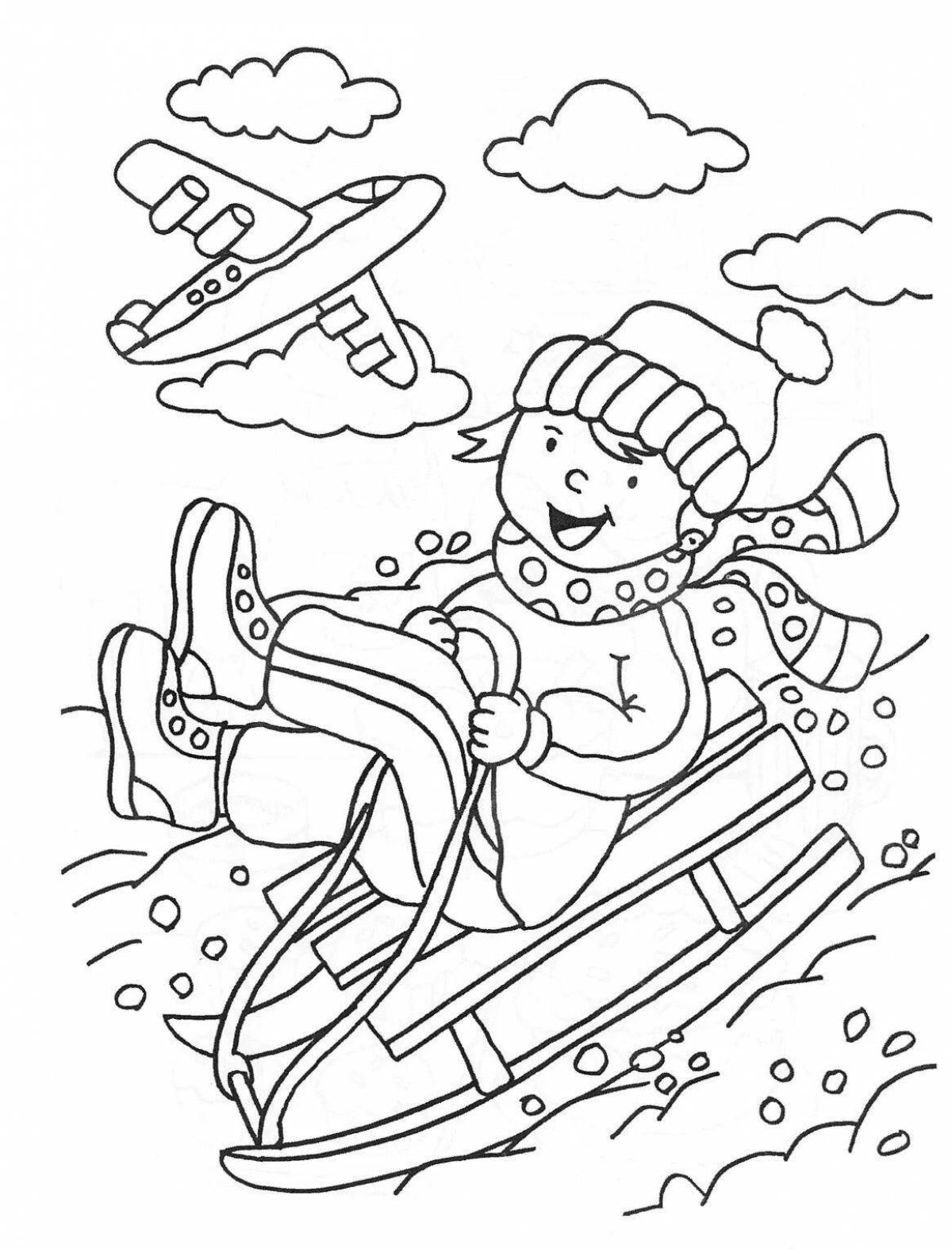 Amazing coloring pages kids on the hill in winter
