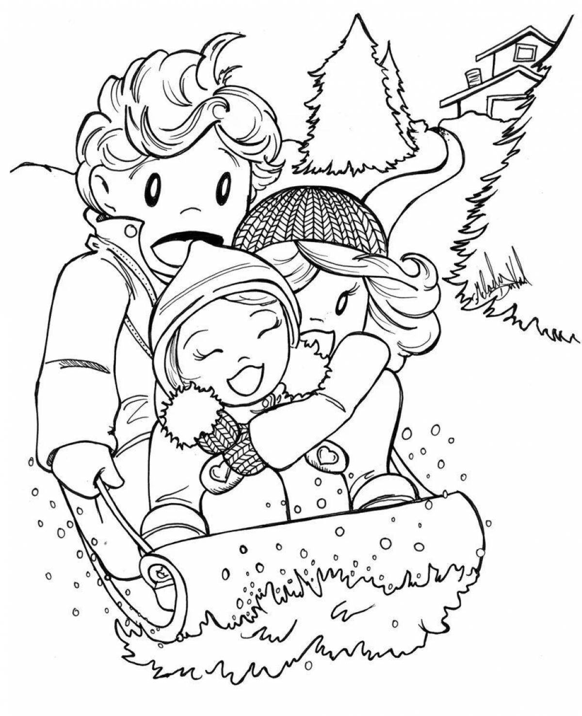 Violently coloring page children on the hill in winter