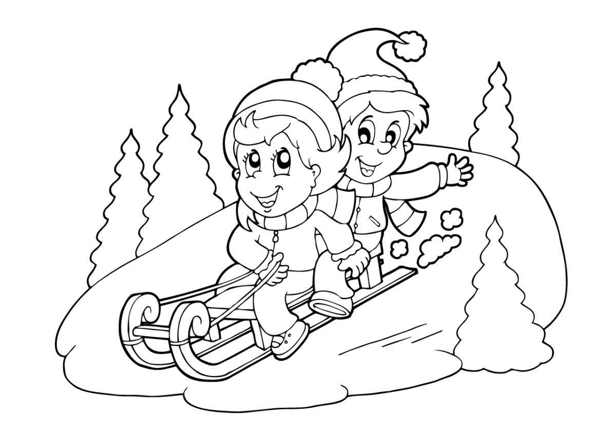 Glowing coloring pages kids on the hill in winter