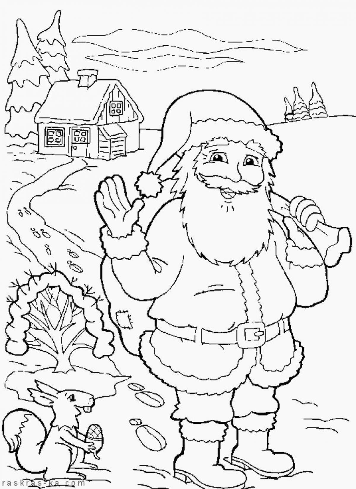 Coloring page festive Santa Claus and gray wolf