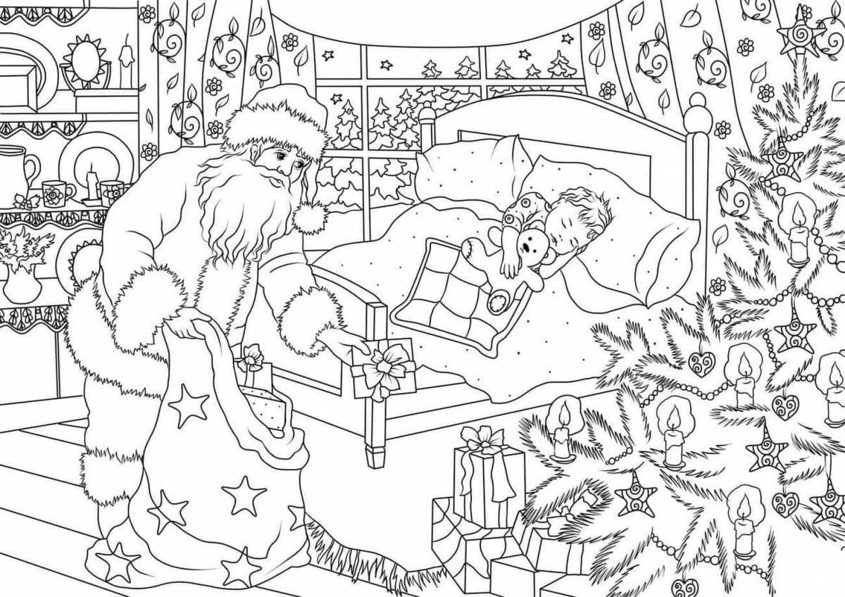 Glittering santa claus and gray wolf coloring page