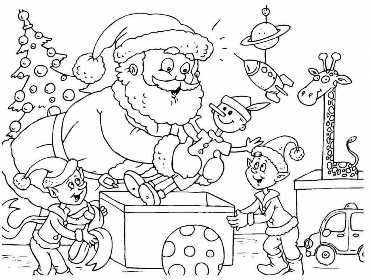 Coloring funny santa claus and gray wolf