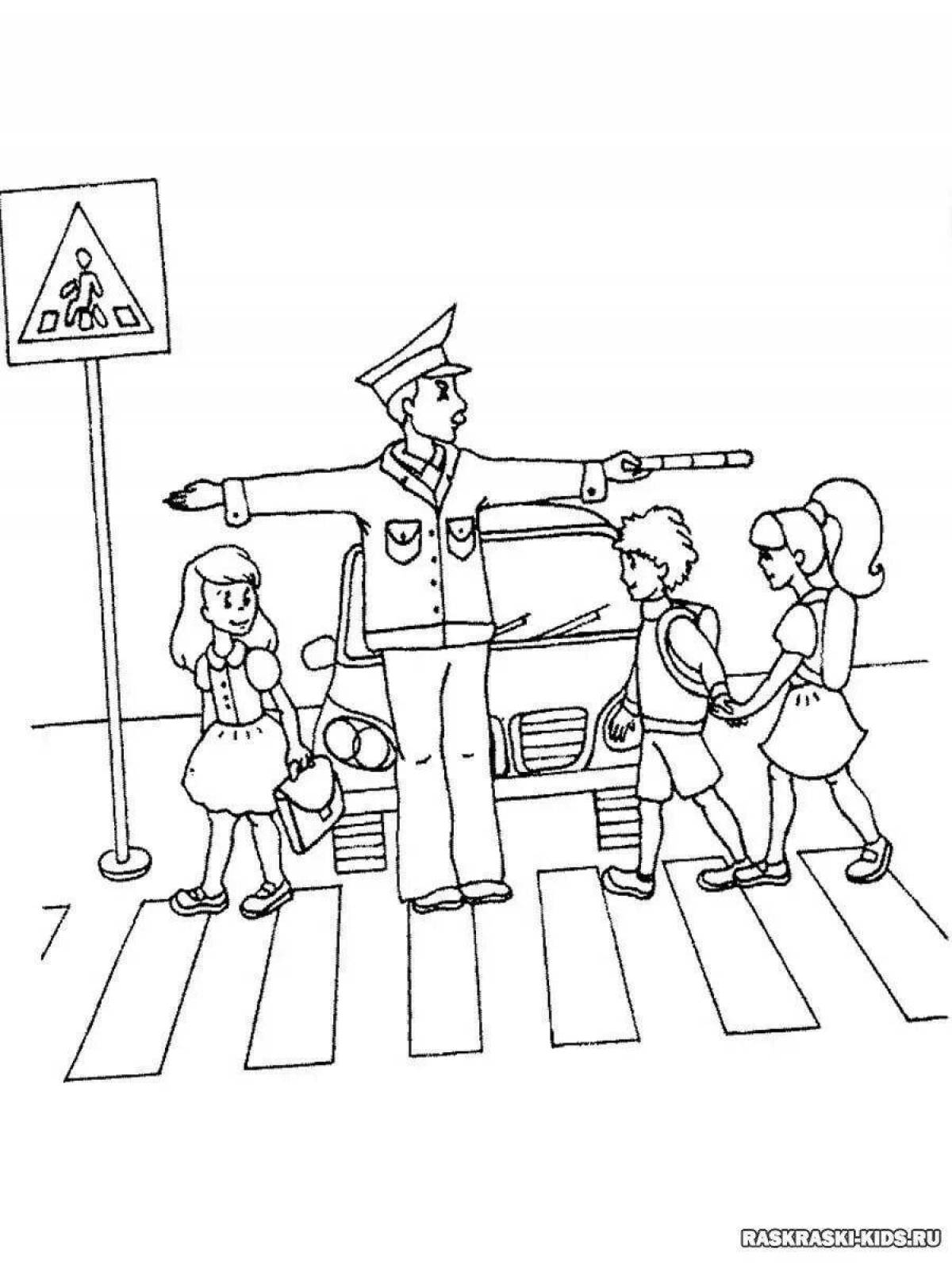 Fun coloring book according to the rules of the road in kindergarten