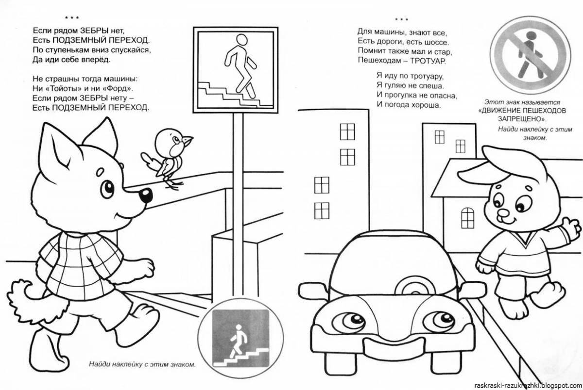 Entertaining coloring according to traffic rules in kindergarten